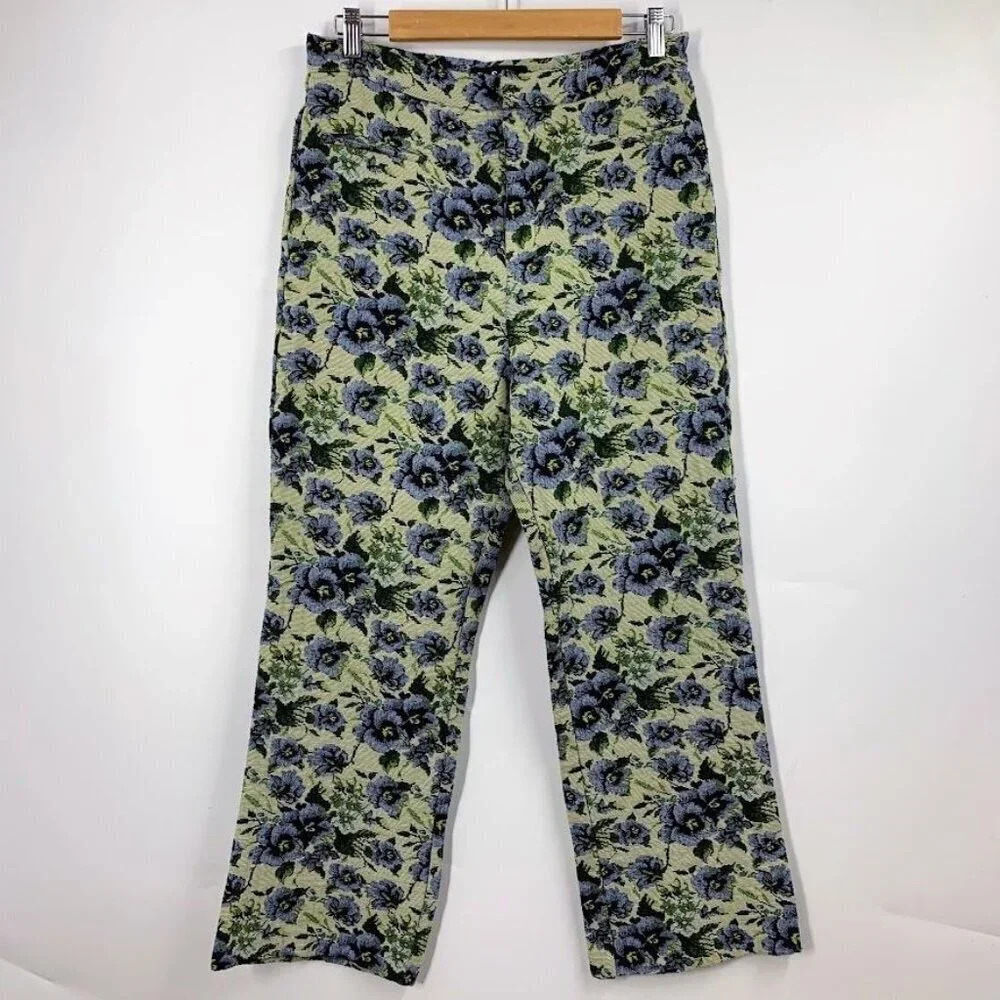Anthropologie Floral Straight-Leg Pants in Green and Blue